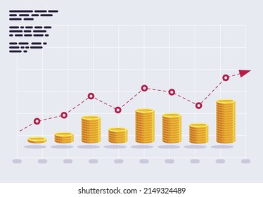 Vector illustration of gold coins in the form of a vertical chart, charts, with a red arrow, business strategy of money savings