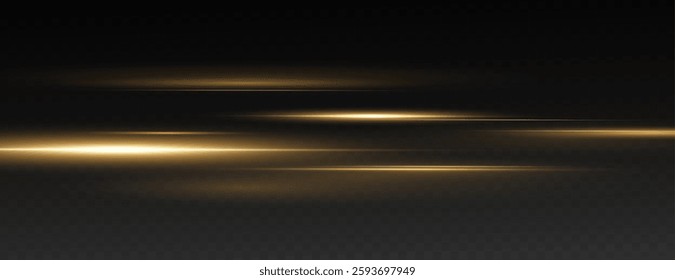 Vector illustration of gold color, abstract laser speed lines. Glare, horizontal light rays png. Glowing linear background. A set of bright suns.