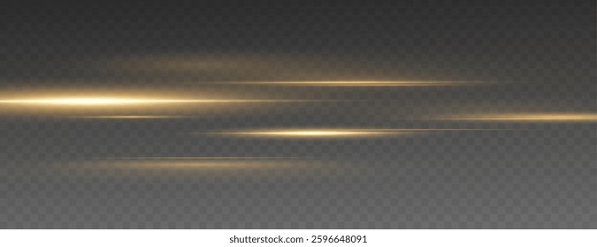 Vector illustration of gold color, abstract laser speed lines. Glare, horizontal light rays png. Glowing linear background. A set of bright suns.