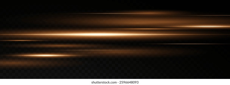 Vector illustration of gold color, abstract laser speed lines. Glare, horizontal light rays png. Glowing linear background. A set of bright suns.