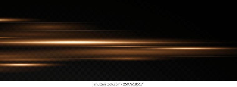 Vector illustration of gold color, abstract laser speed lines. Glare, horizontal light rays png. Glowing linear background.