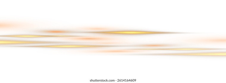 Vector illustration of gold color, abstract laser speed lines. Glare, horizontal light rays png. Glowing linear background. A set of bright suns.