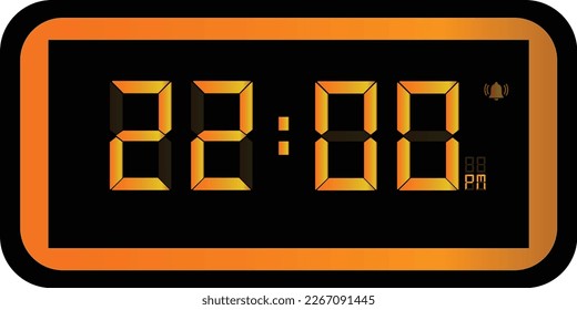 Ilustración vectorial del reloj digital de color dorado a las 22.00 pm