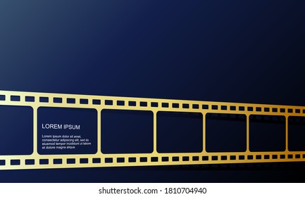 Ilustración vectorial del rollo de película de color dorado. Perfecto para el fondo de un estreno de promoción de vídeo de películas. Elegante plantilla en blanco de marco de rollo de película.