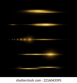 Vector illustration in gold color on a black background. Set of light effects. Flashes and glare. Bright beams of light. Glowing lines. Vector illustration