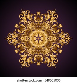 Vector illustration. Gold color round floral mandala on a violet background. For textile, invitations, banners and other.