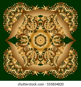 Vector illustration. Gold color round floral mandala on a green background. For textile, invitations, banners and other.