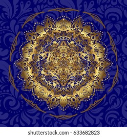 Vector illustration. Gold color round mandala on a blue background. For textile, invitations, banners and other.