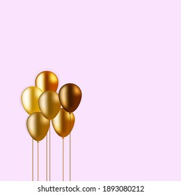 vector illustration of gold colored balloons on pink background for greeting cards or covers