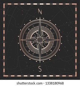 Ilustração vetorial com bússola dourada ou rosa do vento e quadro em fundo escuro. Com direções básicas Norte e Sul.