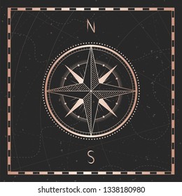 Vector illustration with gold compass or wind rose and frame on dark background. With basic directions North andSouth.