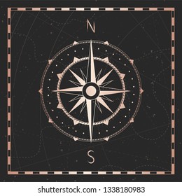 Vector illustration with gold compass or wind rose and frame on dark background. With basic directions North andSouth.
