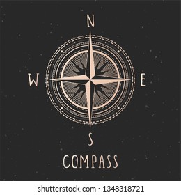 Vector illustration with gold compass or wind rose and frame on dark background. With basic directions North, East, South and West.