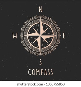 Vector Illustration With Gold Compass Or Wind Rose And Frame On Dark Background. With Basic Directions North, East, South And West.