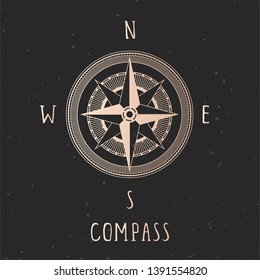 Vector illustration with gold compass or wind rose and frame on dark background. With basic directions North, East, South and West.