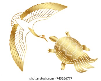 A vector illustration of a gold crane and a turtle, traditional auspicious items of Japanese New Year’s holidays. 
