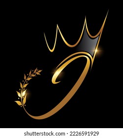 Vector Illustration of Gold Crown and Leaf Monogram Initial letter J in black background with gold shine effect