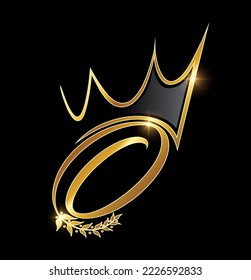 Vector Illustration of Gold Crown and Leaf Monogram Initial letter O in black background with gold shine effect