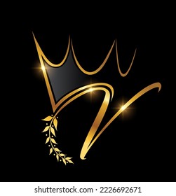 Vector Illustration of Gold Crown and Leaf Monogram Initial letter V in black background with gold shine effect