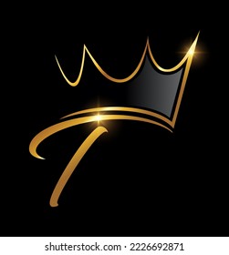Vector Illustration of Gold Crown and Leaf Monogram Initial letter T in black background with gold shine effect