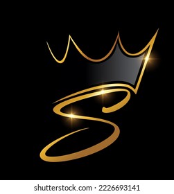 Vector Illustration of Gold Crown and Leaf Monogram Initial letter S in black background with gold shine effect