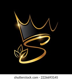 Ilustración vectorial de la Corona de Oro y del Monograma de hoja Letra inicial S en fondo negro con efecto de brillo dorado