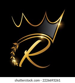 Ilustración vectorial de la Corona de Oro y del Monograma de la hoja Letra inicial R en fondo negro con efecto de brillo dorado