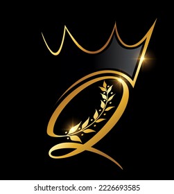 Vector Illustration of Gold Crown and Leaf Monogram Initial letter Q in black background with gold shine effect