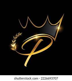 Vektorgrafik von Goldkrone und Leaf Monogram, Anfangsbuchstabe P auf schwarzem Hintergrund mit goldener glänzender Wirkung