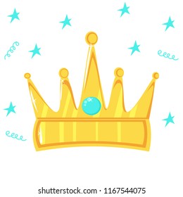 Vector illustration. Gold crown with precious stone on white background