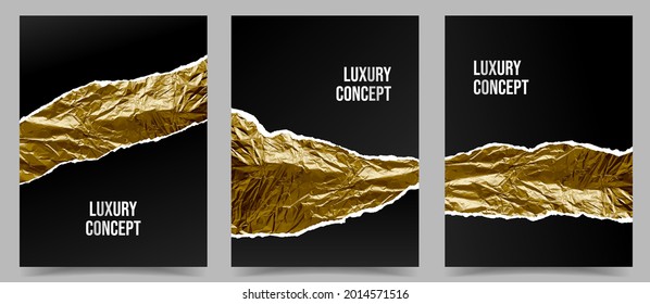 Vector illustration. Gold crumpled foil texture. Torn paper effect. Abstract contemporary backgrounds collection. Design for postcard, book cover, magazine, brochure, greeting or business card, banner