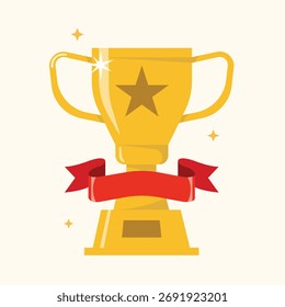 Ilustração vetorial de taça de ouro com um troféu com estilo de fita vermelha.