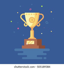 Vector illustration of Gold Cup winner trophy. First place. Trend modern flat pseudo volume style. Celebration. Confetti is flying