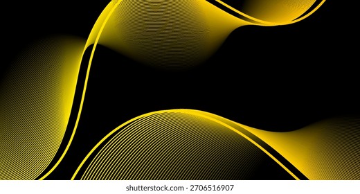 Ilustración vectorial de líneas de curva de oro aisladas en negro. Fondo abstracto de la onda del oro. Patrón de remolino de purpurina de lujo. Elegantes Elementos de diseño de moda moderna.