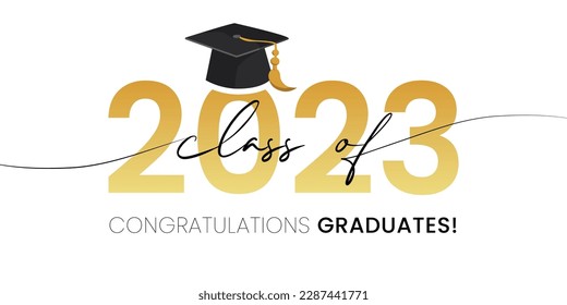 Vector illustration of gold design for graduation ceremony. Class of 2023. Congratulations graduates typography design template for shirt, stamp, logo, card, invitation etc. 