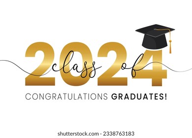 Vector illustration of gold design for graduation ceremony. Class of 2024. Congratulations graduates typography design template for shirt, stamp, logo, card, invitation etc.