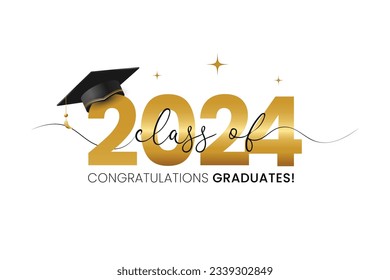 Vector illustration of gold design for graduation ceremony. Class of 2024. Congratulations graduates typography design template for shirt, stamp, logo, card, invitation etc.