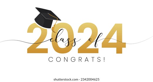 Ilustración vectorial del diseño de oro para la ceremonia de graduación. Clase de 2024. Felicidades a los graduados plantilla de diseño tipográfico para camisa, sello, logo, tarjeta, invitación, etc.