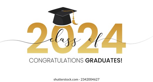 Ilustración vectorial del diseño de oro para la ceremonia de graduación. Clase de 2024. Felicidades a los graduados plantilla de diseño tipográfico para camisa, sello, logo, tarjeta, invitación, etc.