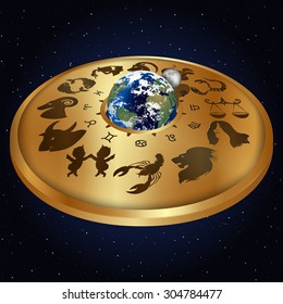 Vector illustration of a gold disc with signs of the zodiac around the planet earth with the moon in the projection and 3D perspective.