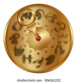 vector illustration gold disc with signs of the zodiac, Aquarius separately allocated. Isolated object to any suitable illustration.
