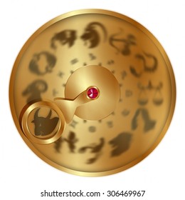 vector illustration gold disc with signs of the zodiac, Taurus separately allocated. Isolated object to any suitable illustration.