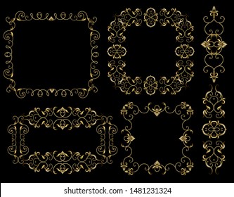Vector illustration of gold dividers and frames openwork patterns fine filigree