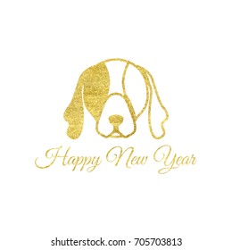 Vector illustration of gold dog head. Happy new year greeting card with glitter gold sign. Symbol of chinese 2018 year. Isolated on white background.