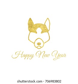 Vector illustration of gold dog head. Happy new year greeting card with glitter gold sign. Symbol of chinese 2018 year. Isolated on white background.