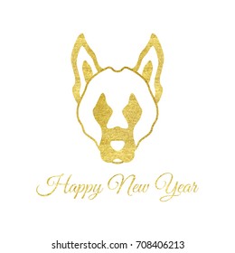 Vector illustration of gold dog head. Happy new year greeting card with glitter gold sign. Symbol of chinese 2018 year. Isolated on white background.