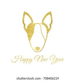 Vector illustration of gold dog head. Happy new year greeting card with glitter gold sign. Symbol of chinese 2018 year. Isolated on white background.