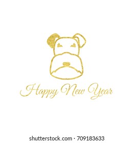 Vector illustration of gold dog head. Happy new year greeting card with glitter gold sign. Symbol of chinese 2018 year. Isolated on white background.