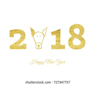 Vector illustration of gold dog head. Happy new year greeting card with glitter gold sign. Symbol of chinese 2018 year. Isolated on white background.