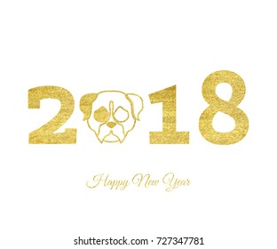 Vector illustration of gold dog head. Happy new year greeting card with glitter gold sign. Symbol of chinese 2018 year. Isolated on white background.